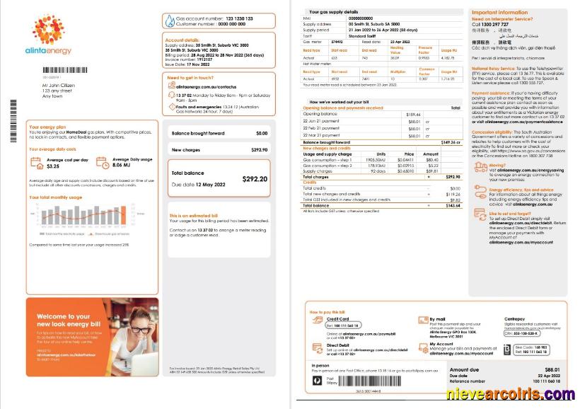 Australia Alinta Energy gas utility bill 2 pages